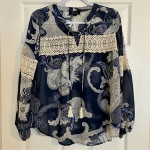 Melissa Paige Blouse Women’s M Navy Lace Boho Paisley Peasant Cottagecore Top